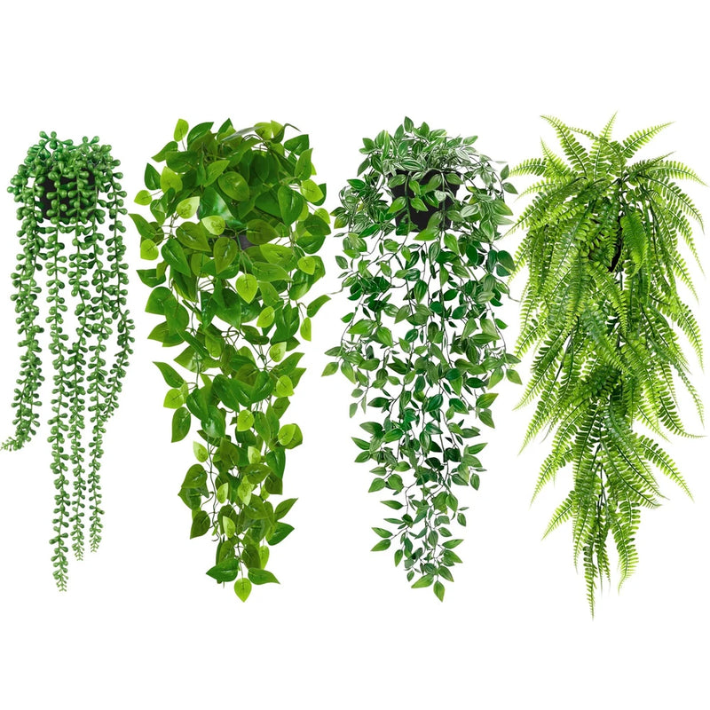 Set of 4 artificial hanging potted plants with green trailing leaves for shelves