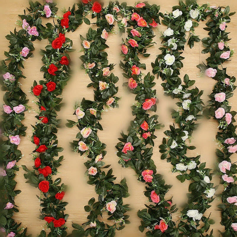 Artificial rose leaf garland vine with mixed pink, red, and white silk flowers