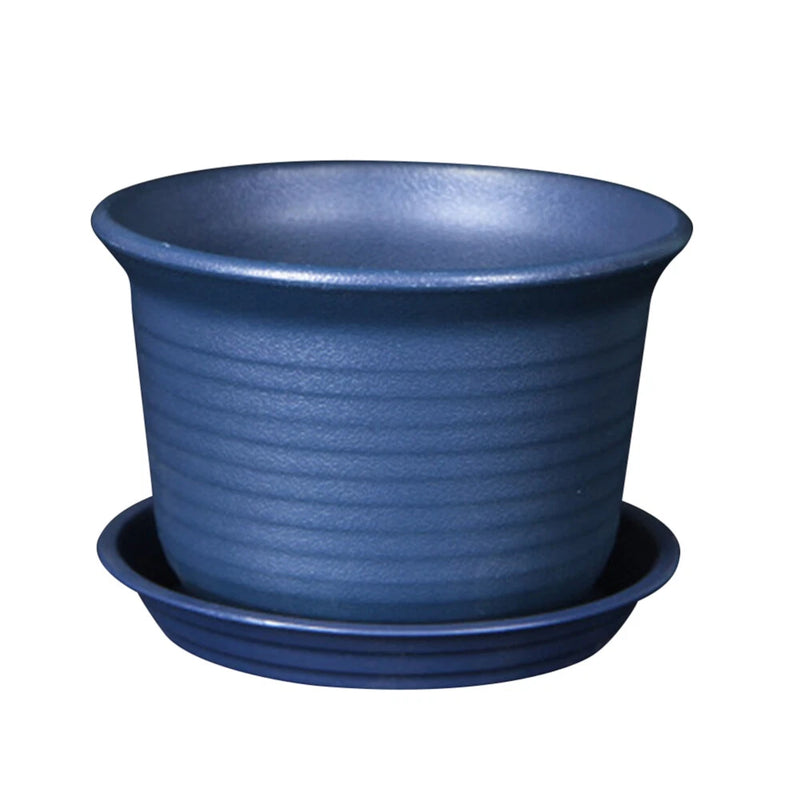 Blue round plastic succulent planter pot with matching saucer