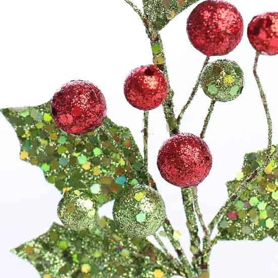 Bulk Pack of 8 Sparkling Artificial Holly and Berry 9" Picks Green Plant