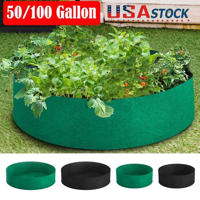 Round raised fabric garden bed grow bag, green, with planted vegetables