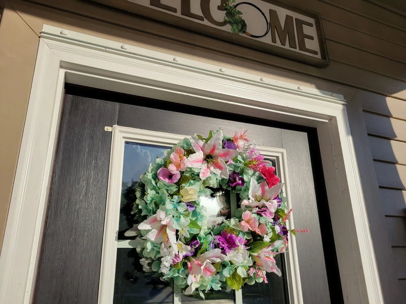 FLORAL one of a kind WREATH flowers Decor Front Door 16" new green white pink Hydrangea