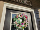 FLORAL one of a kind WREATH flowers Decor Front Door 16" new green white pink Hydrangea