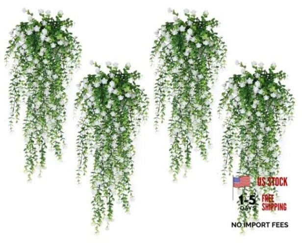 4pcs Fake Hanging Plants Realistic Artificial Outdoor Flowers Hanging White Flowering Plants