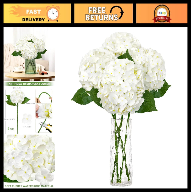 4 PCS Real Touch White Hydrangea Faux Flowers 20.5" - Large Artificial Blooms fo Hydrangea