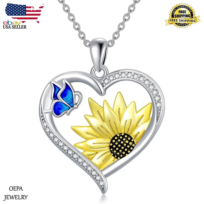 925 Sterling Silver Butterfly Sunflower Heart Necklace Gifts for Women Pendant Sunflower