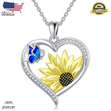 925 Sterling Silver Butterfly Sunflower Heart Necklace Gifts for Women Pendant Sunflower