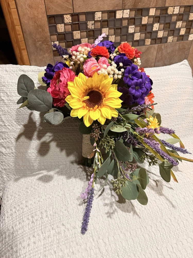 Handmade Rustic Wedding Bouquet Sunflower, Wildflowers Lace Boho Bridal Bouquet Sunflower