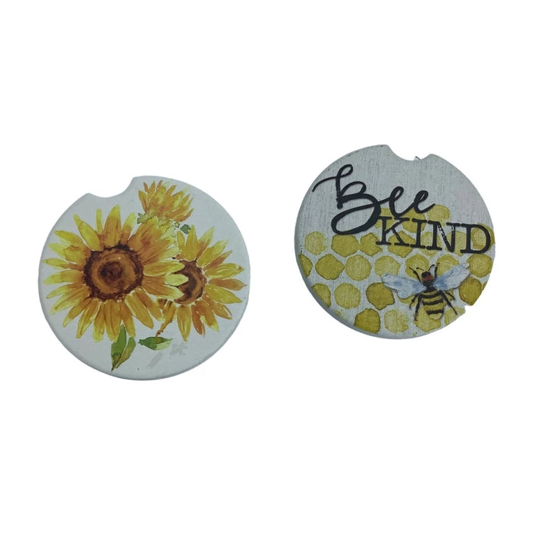 Set of round car coasters with sunflower print and honeycomb bee "Bee Kind"