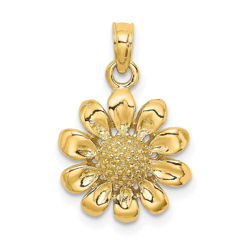 14k yellow gold sunflower pendant with scalloped petals and crystal-like center