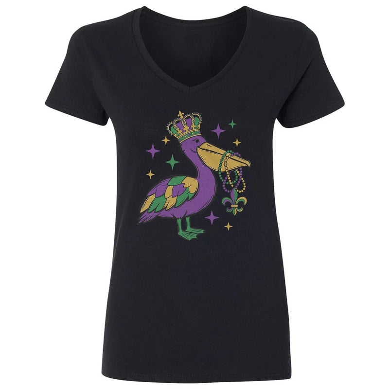 Mardi Gras Pelican with Beads - Street Festival Ladies' V-Neck Tshirt Roses