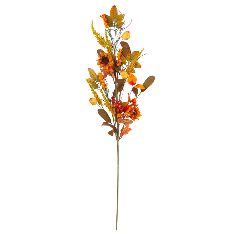 Artificial fall floral stem with orange sunflower and lantern-style blooms, single branch