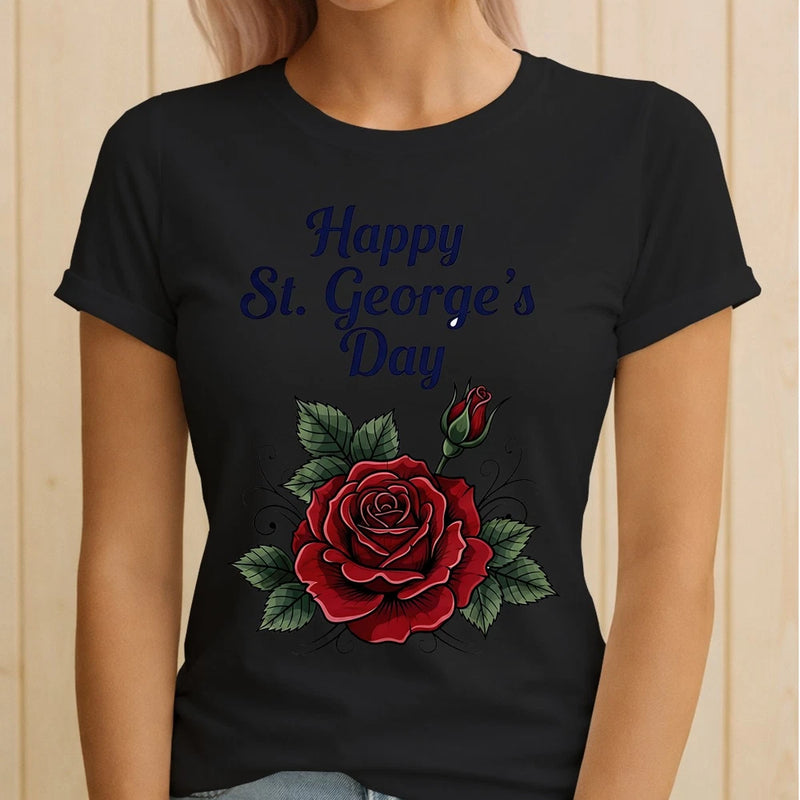 Women's black graphic T-shirt with Happy St. George's Day text and red rose