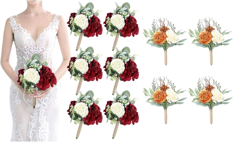 Burgundy & Orange Bridesmaid Bouquets - 10 Pcs Wedding Flower Set Hydrangea