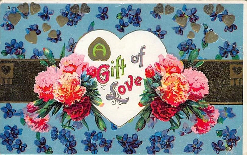 Antique-style postcard with embossed heart and pink carnation flowers