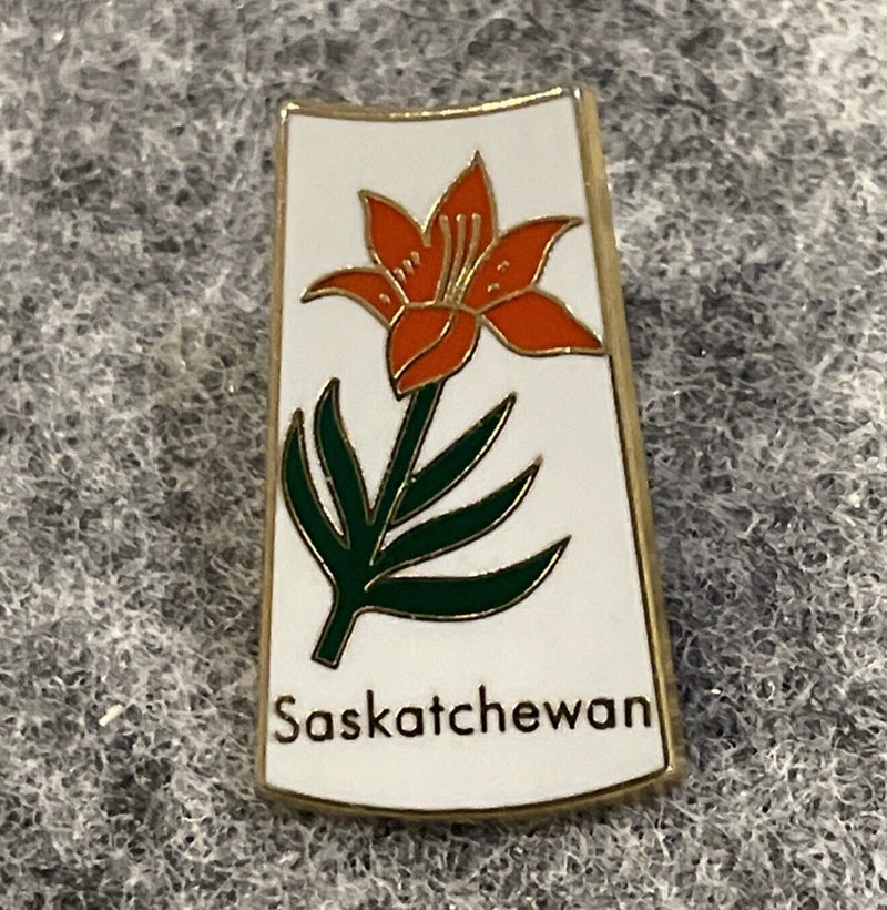 Saskatchewan tiger lily enamel lapel pin with orange flower and green leaves