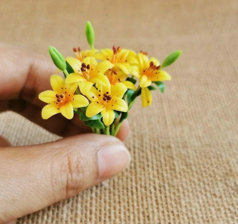 Yellow Color Lily Clay Flower Bouquet 3 Bunches Flower Miniature Dollhouse Decor Lily