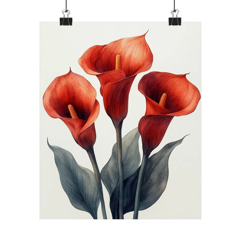 Floral art print poster with red calla lilies and blue-green leaves