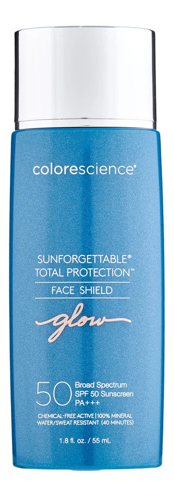 Blue face shield sunscreen bottle SPF 50, 1.8 fl oz, total protection glow