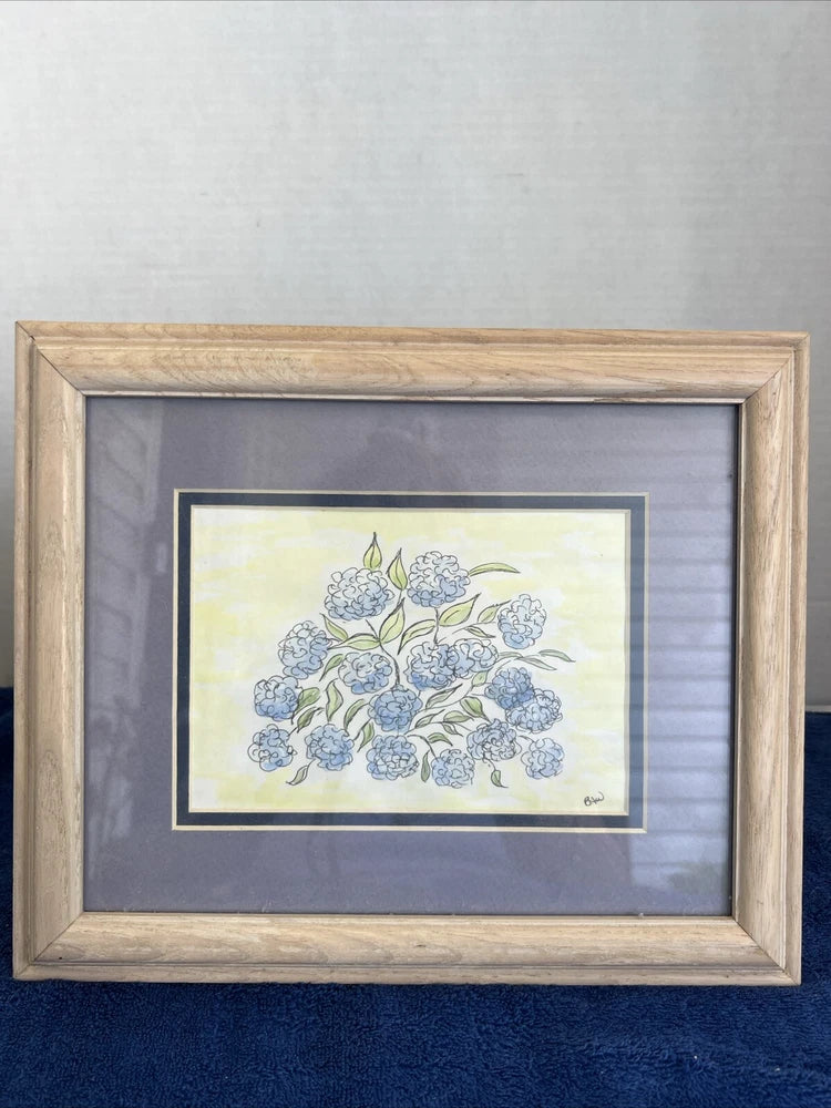 Original watercolor painting Blue hydrangea Botanical wall art Signed Mexico Hydrangea