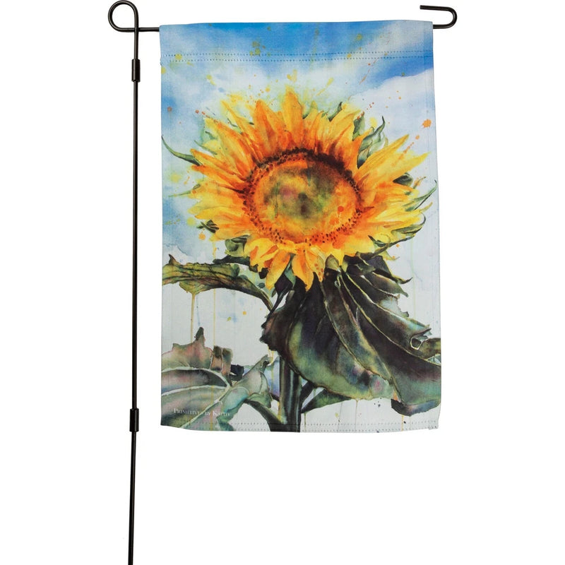 Sunflower garden flag with large yellow-orange bloom and green leaves, hanging display