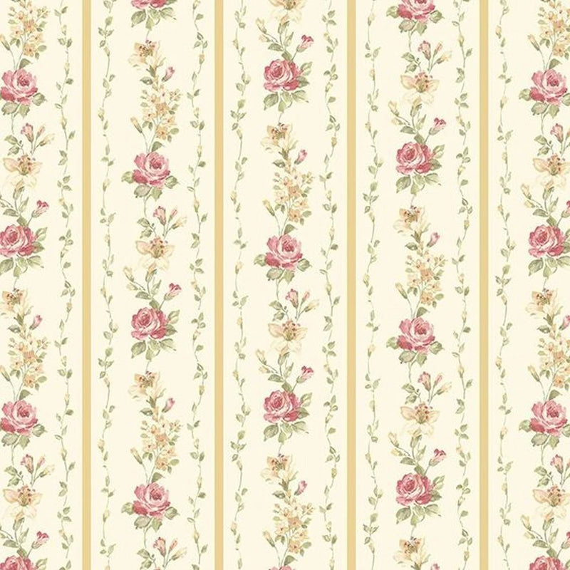 Miniature shabby chic wallpaper with vertical pink and yellow rose floral stripes