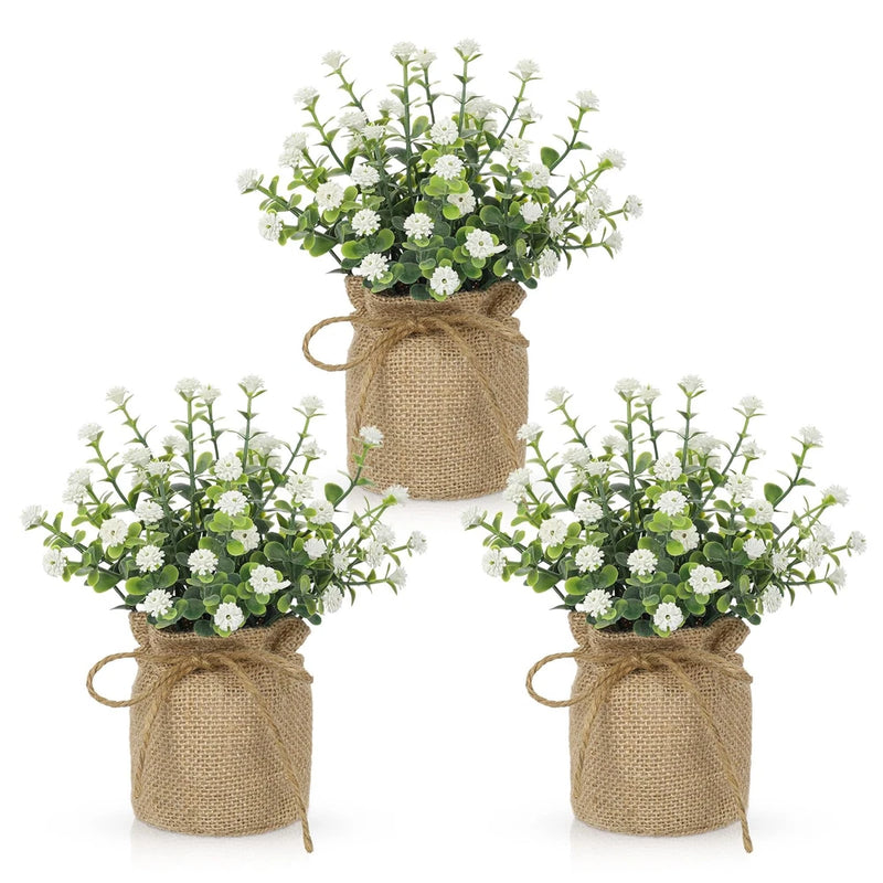 Artificial Mini Potted Flowers Set of 3, Faux BabyÕs Breath Plant with Burlap... Green Plant