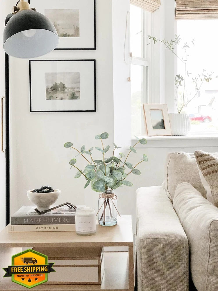 Bessol Eucalyptus Stems Faux Plant in Glass Vase 13.5", Greenery Decor Green Plant