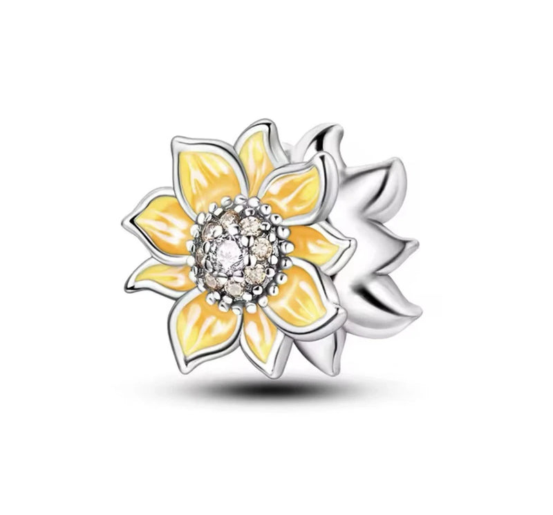 Sterling silver sunflower charm bead with yellow enamel petals and crystal-like center