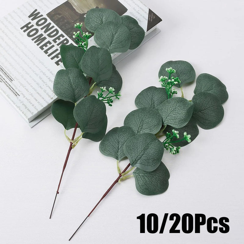 Artificial green eucalyptus leaf stems, 10/20-piece decorative set