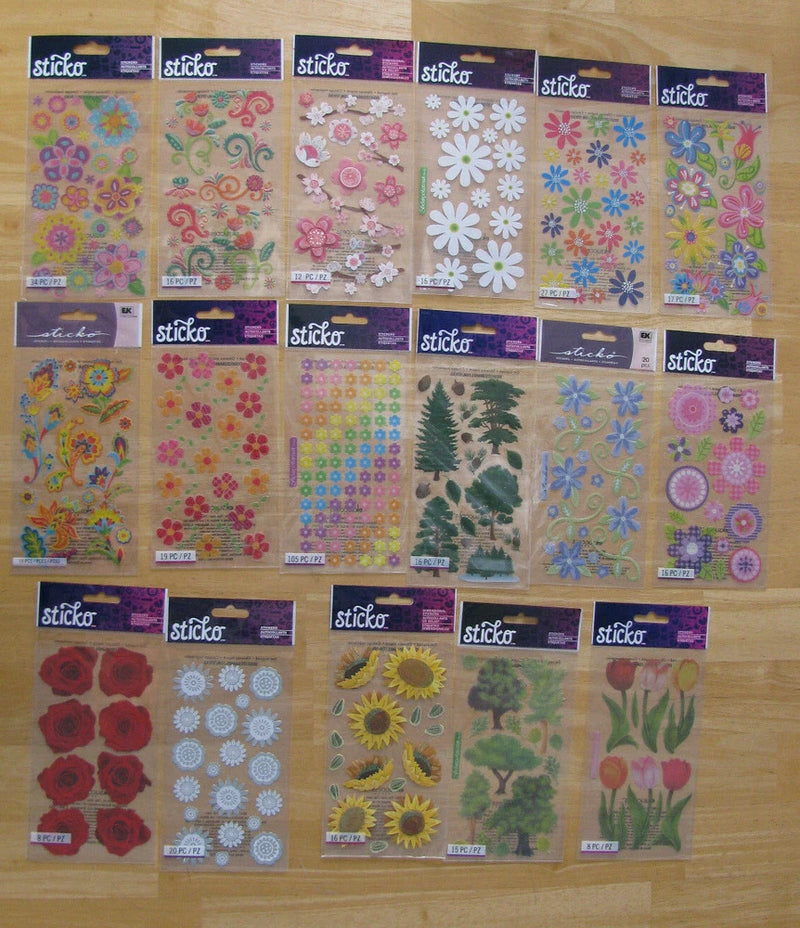 Sticko flower and tree scrapbooking sticker sheets, colorful floral and sunflower designs