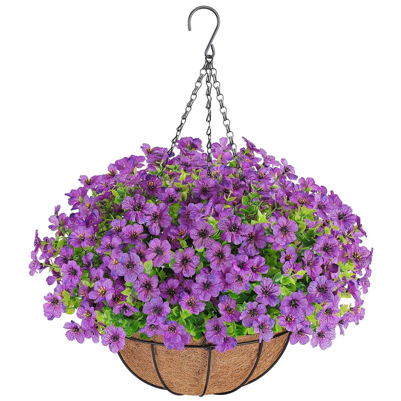 Artificial hanging flower basket with dense purple faux blossoms and green leaves