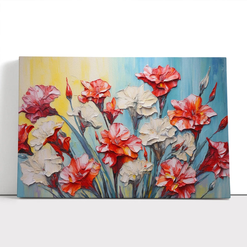Framed canvas wall art featuring red and pink carnations in textured expressionist style