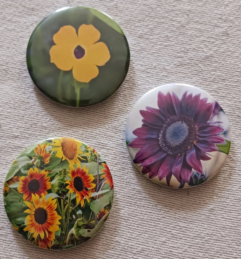 3 Floral themed 58 mm (2.25") Hand Made Badge Button Pins Sunflowers Flowers Sunflower