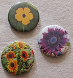 3 Floral themed 58 mm (2.25") Hand Made Badge Button Pins Sunflowers Flowers Sunflower