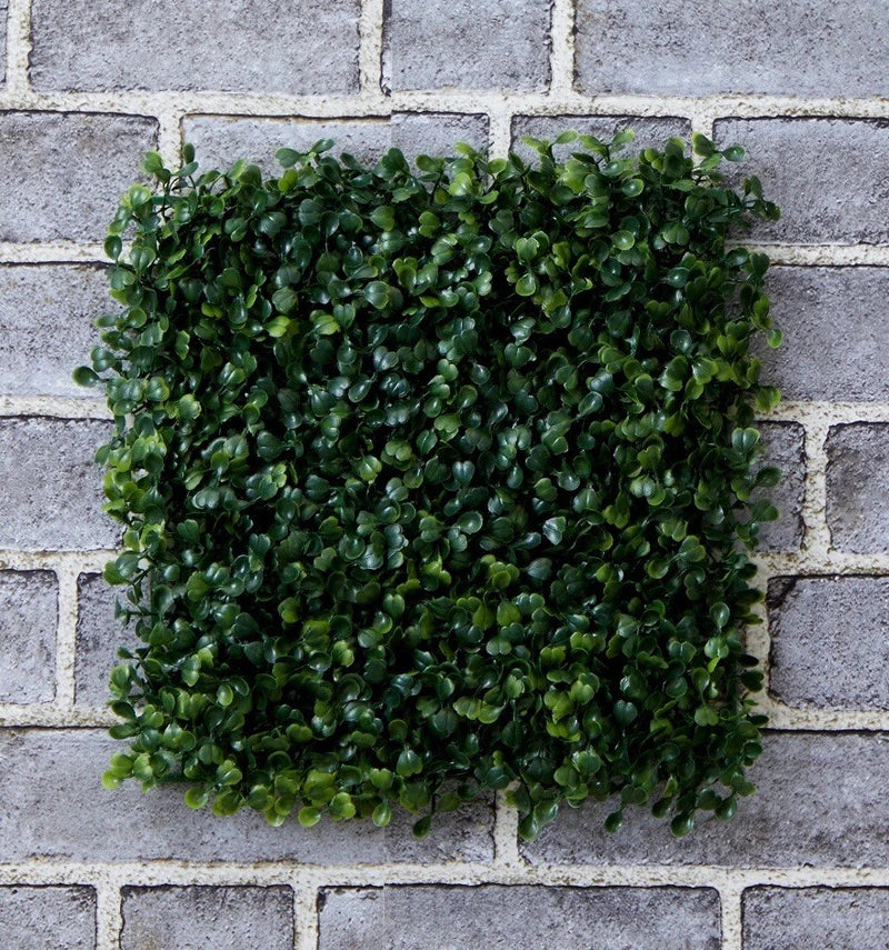Green artificial boxwood plant mat with dense small leaves, square 10 by 10 inches