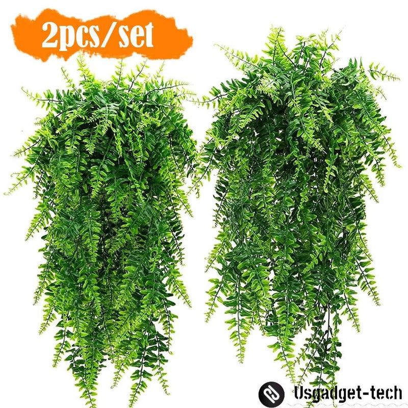 2pc Ferns Artificial Rattan Plastic Fake Hanging Plant Vine Outdoor UV Resistant Green Plant