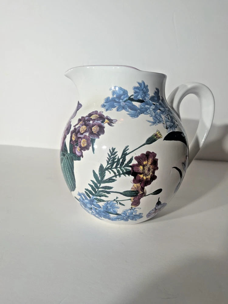 R B BERNARDA Pitcher Portugal Water Vessel Hydrangea Iris Floral 7.5x8in Vintage Hydrangea