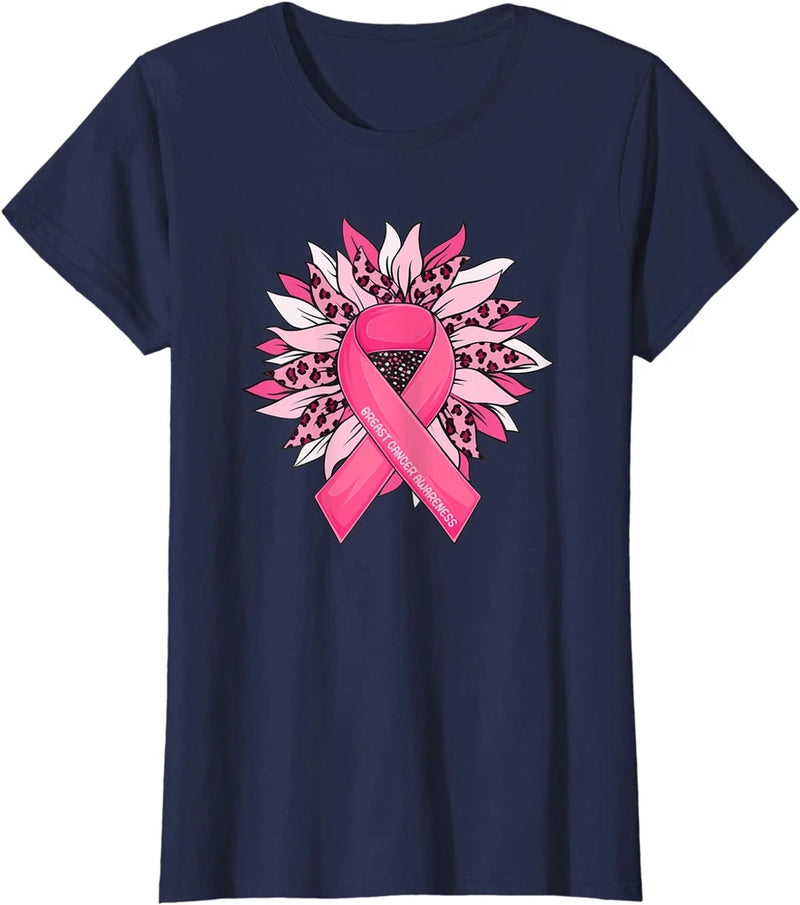 Navy women's crewneck T-shirt with pink awareness ribbon and sunflower graphic