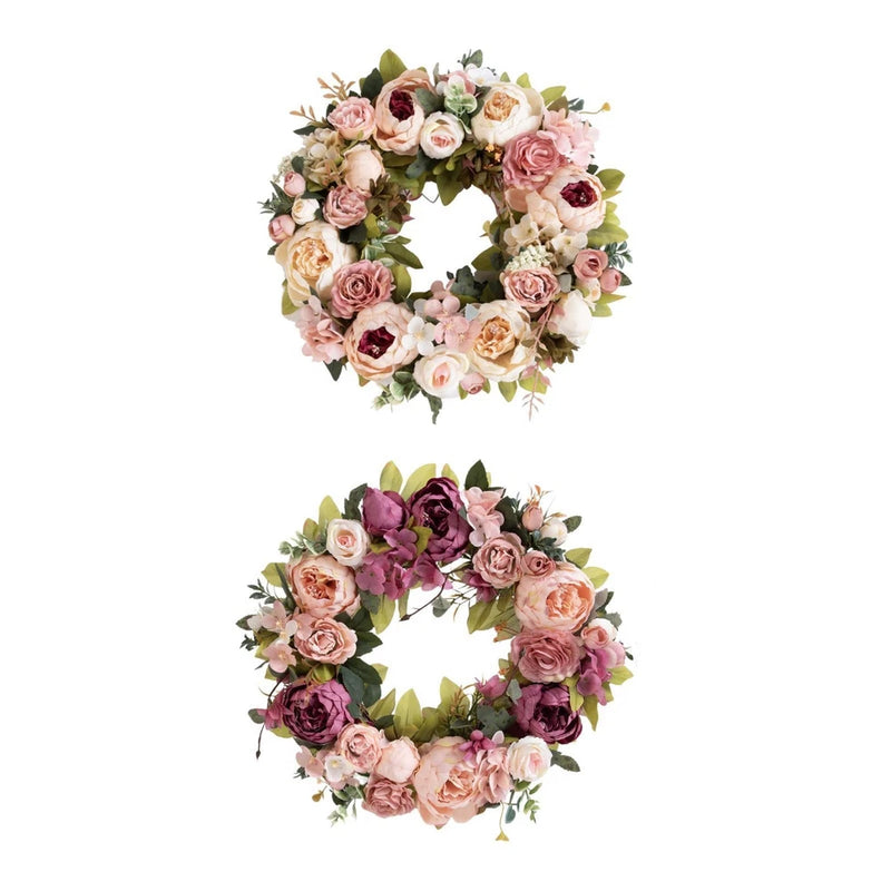 Artificial peony flower wreath, round floral front door hanging ornament