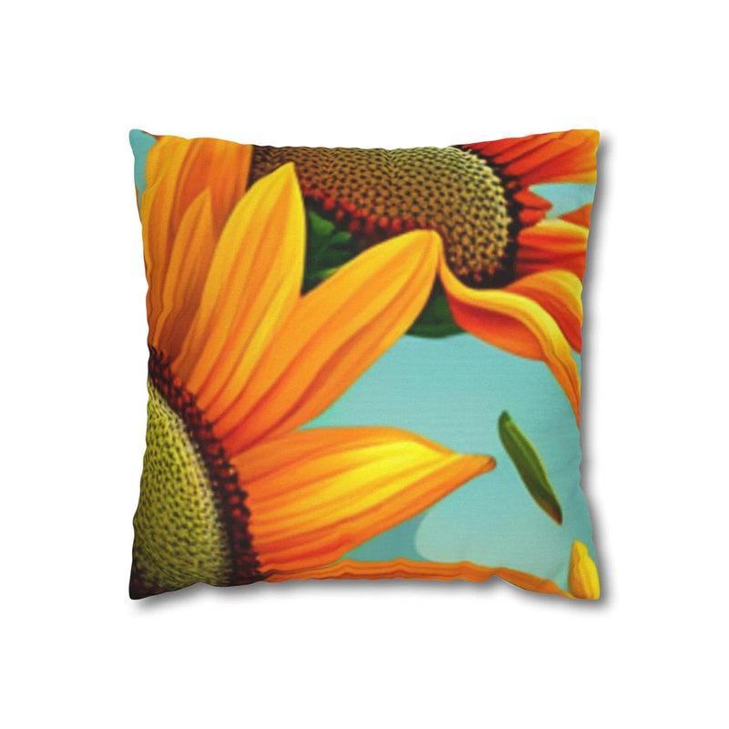 Square spun polyester pillowcase with bright sunflower graphic print, turquoise background