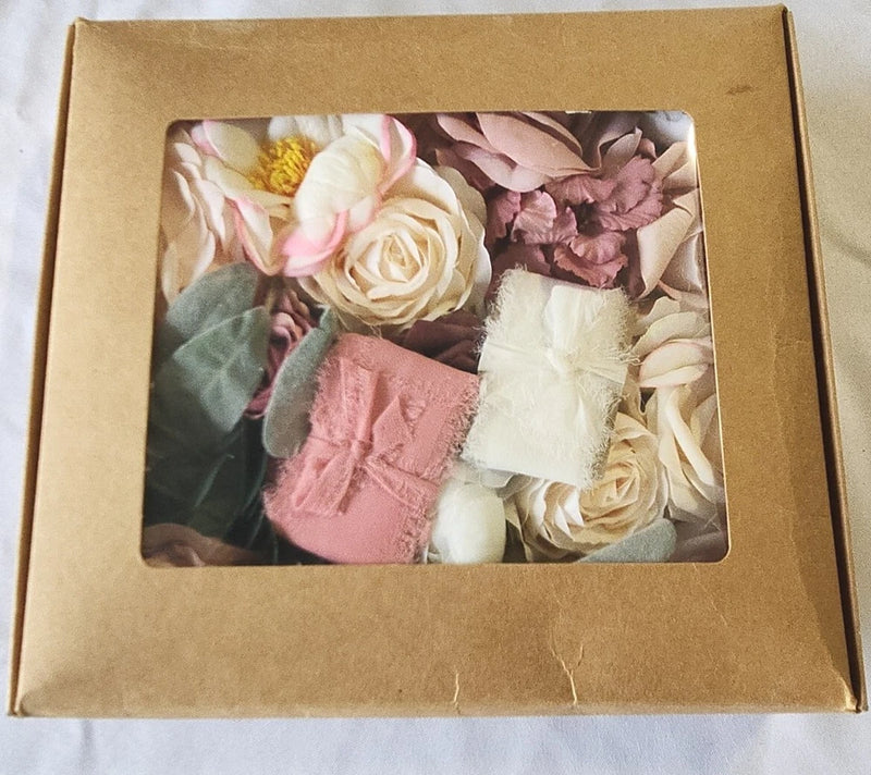 Artificial flower box set with pink peony and mixed faux blooms in open gift box