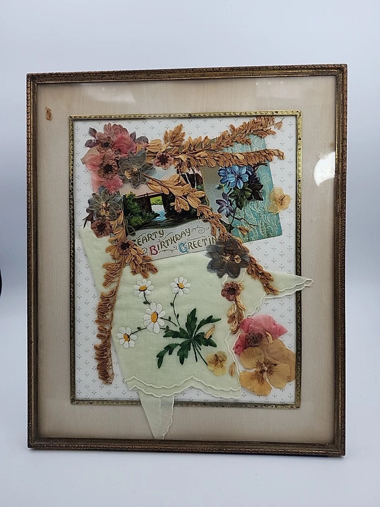 Vintage framed pressed dried flower collage with birthday wishes and lace hanky