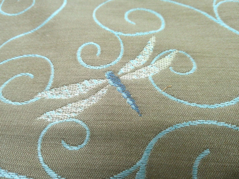 Jacquard Scrolls & Embroidered Dragonfly Taupe/Blues/Cream Heavy BTY "Fly Away" Flowering Plants
