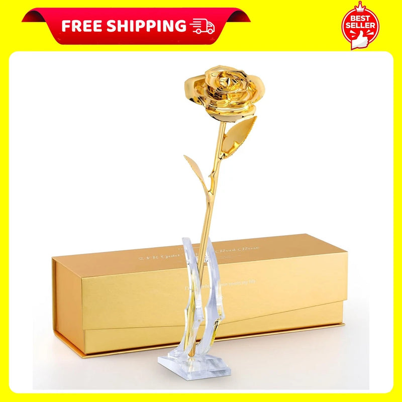 Gold-dipped preserved rose on gold stem with clear stand, in gift box.