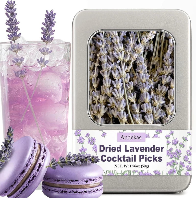 Dried lavender cocktail picks with purple buds in a metal tin