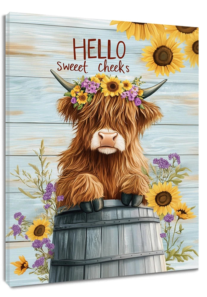 Yellow Sunflower Brown Cow Funny Animal Canvas Wall Art for Bathroom Living Room Sunflower