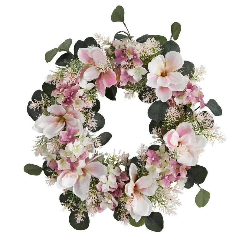 Nearly Natural Artificial Wreath 20"Dia Hydrangea Magnolia Pink Silk Flowers Hydrangea