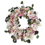 Nearly Natural Artificial Wreath 20"Dia Hydrangea Magnolia Pink Silk Flowers Hydrangea