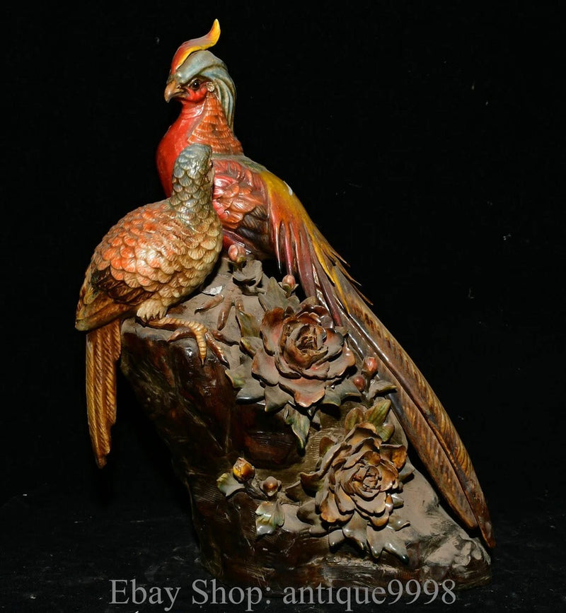 Wucai porcelain bird and peony floral relief sculpture with detailed multicolor feathers
